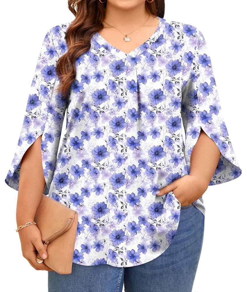 Aodemo Womens Summer 3/4 Sleeve Chiffon Blouse Dressy Top V